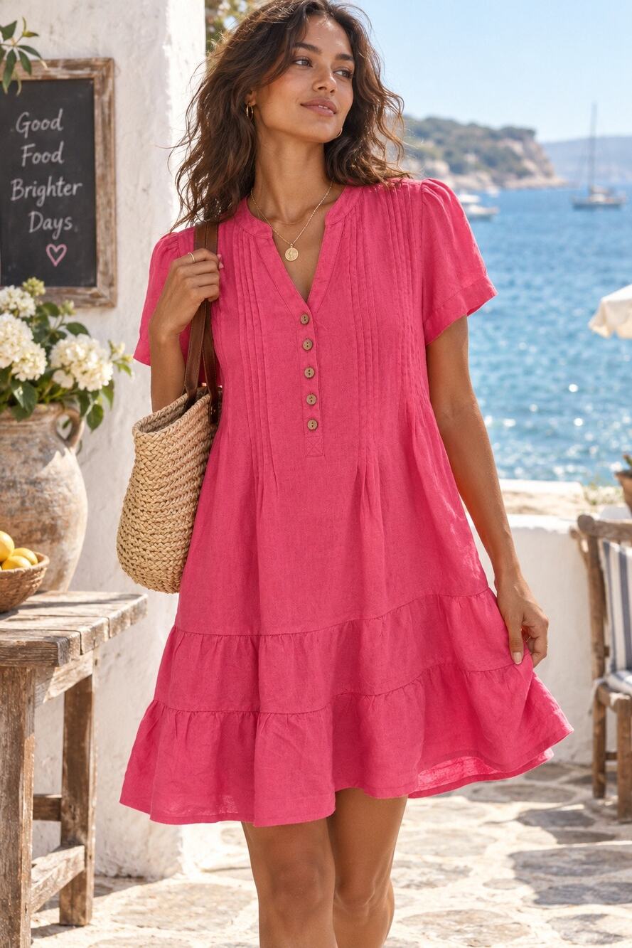 Soft Surroundings Linen Short Sleeve Pleated Tiered Midi Dress Pink Size LPetite